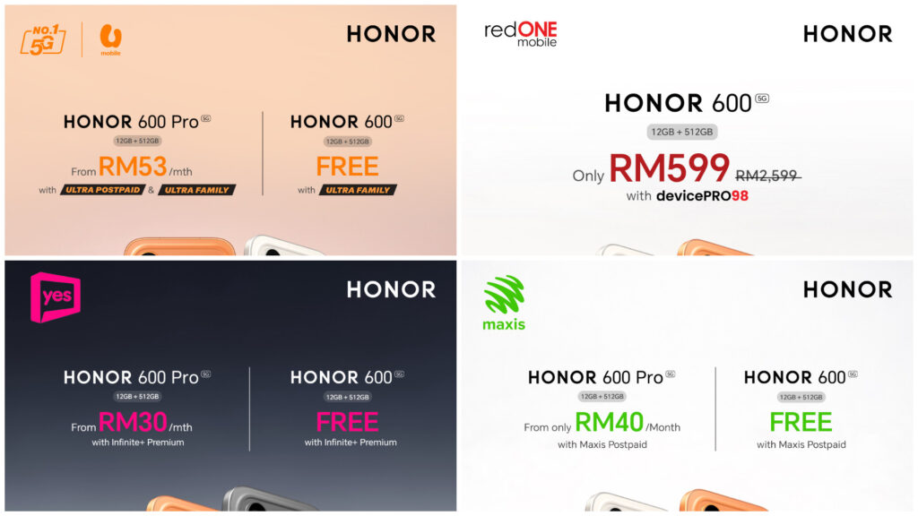 HONOR 600 Series Malaysia 2026 telco bundle deals Maxis redONE U Mobile Yes percuma postpaid